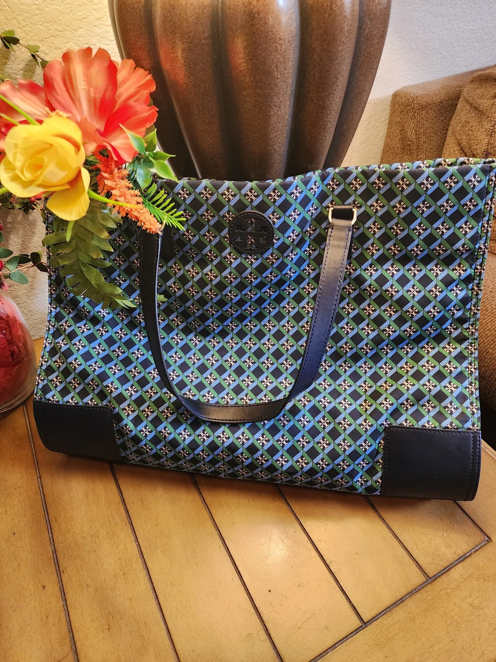 Tory Burch Ella Nylon Printed Geometric Tote - Navy Multi (Large)